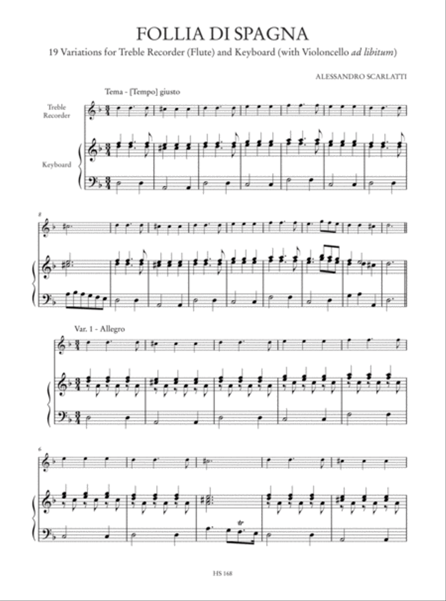 Follia di Spagna. 19 Variations for Treble Recorder (Flute) and Keyboard (with Violoncello ad libitum) Flute scores gallery preview page 2