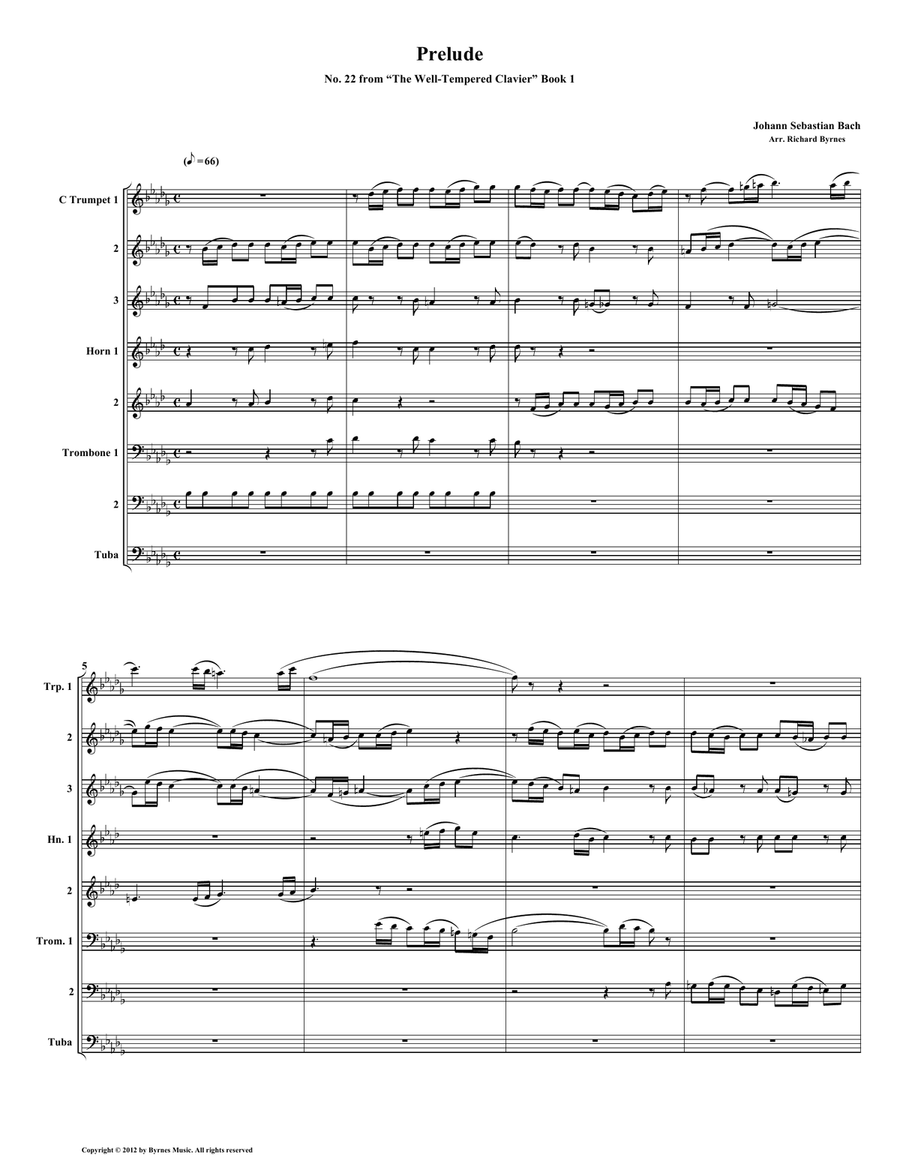 Prelude 22 from Well-Tempered Clavier, Book 1 (Brass Octet) Horn scores gallery preview page 1