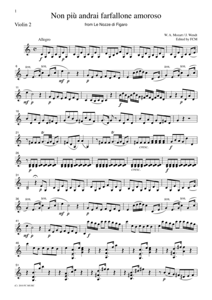 Mozart Non piuandrai farfallone amoroso from Le Nozze di Figaro, for string quartet, CM024