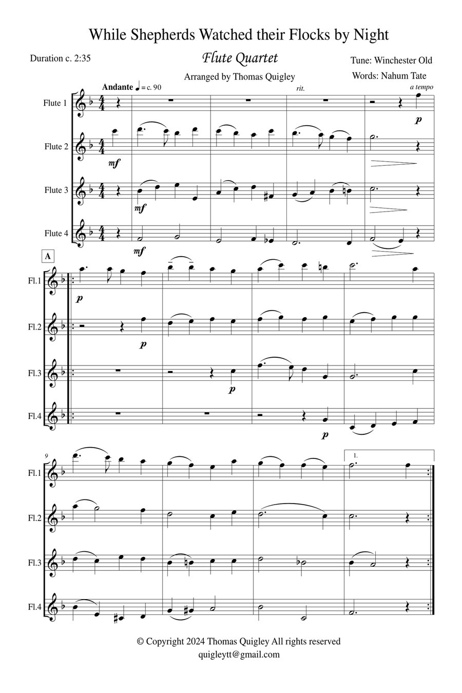 While Shepherds Watched Their Flocks By Night Flute Quartet scores gallery preview page 2