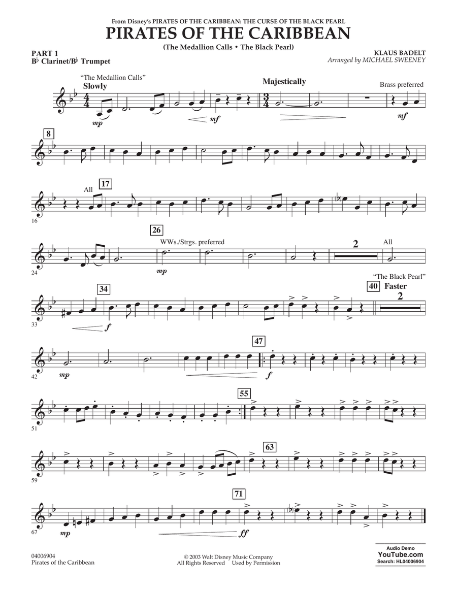 Pirates of the Caribbean (from The Curse of the Black Pearl) - Pt.1 - Bb Clarinet/Bb Trumpet Concert Band scores gallery preview page 1