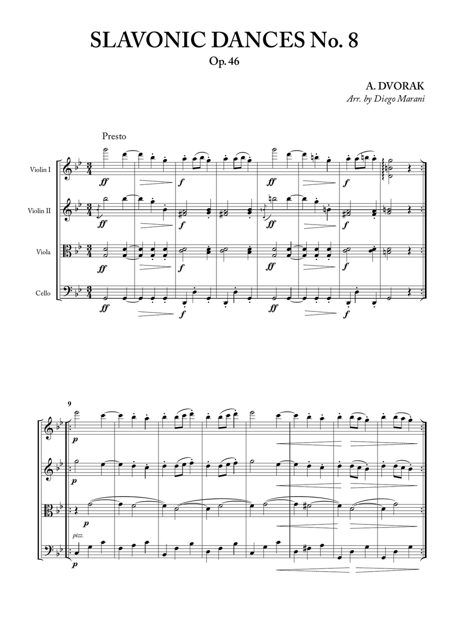 Slavonic Dances No. 8 Op. 46 for String Quartet String Quartet scores gallery preview page 1