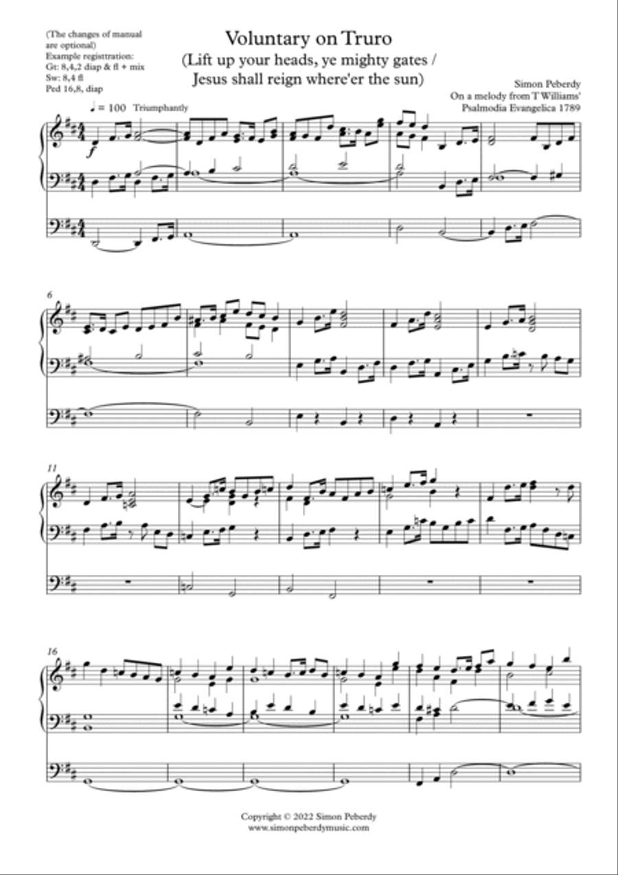 Voluntary on Truro (Lift up your heads) by Simon Peberdy on a melody published by T Williams 1789 Organ Solo scores gallery preview page 2
