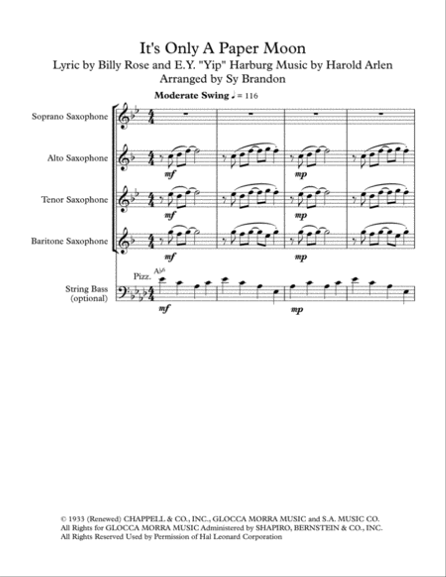 It's Only A Paper Moon Saxophone Quartet scores gallery preview page 1