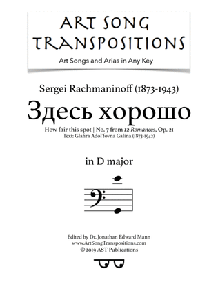 Book cover for RACHMANINOFF: Здесь хорошо, Op. 21 no. 7 (transposed to D major, bass clef, "How fair this spot")