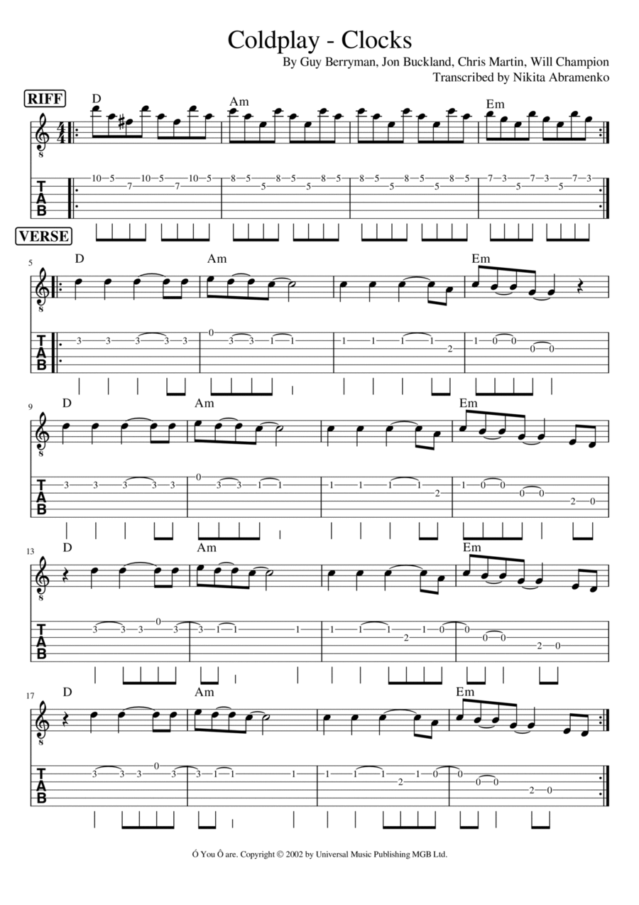 Clocks Guitar Tablature scores gallery preview page 1