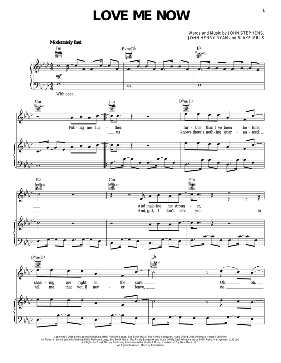 Love Me Now Love Me Now Piano, Vocal, Guitar scores gallery preview page 1