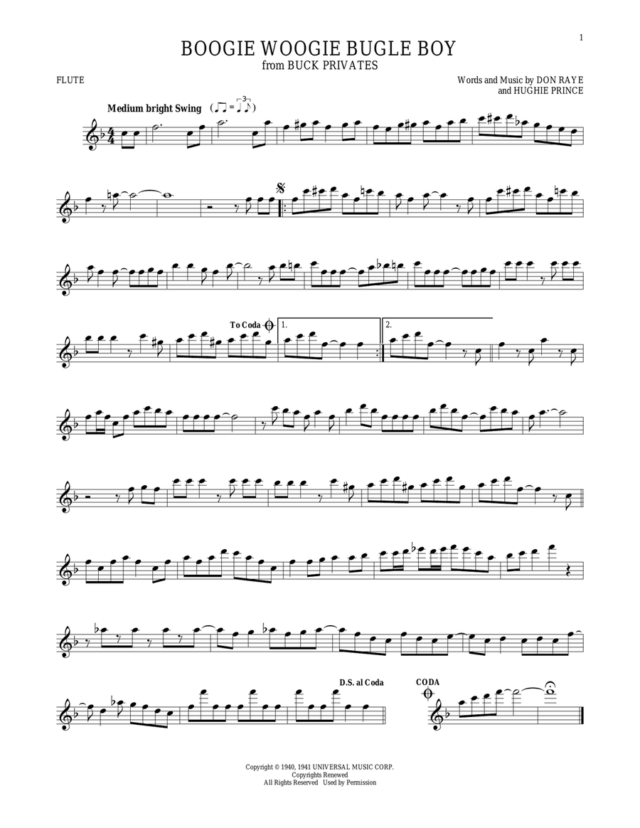 Boogie Woogie Bugle Boy Flute Solo scores gallery preview page 1