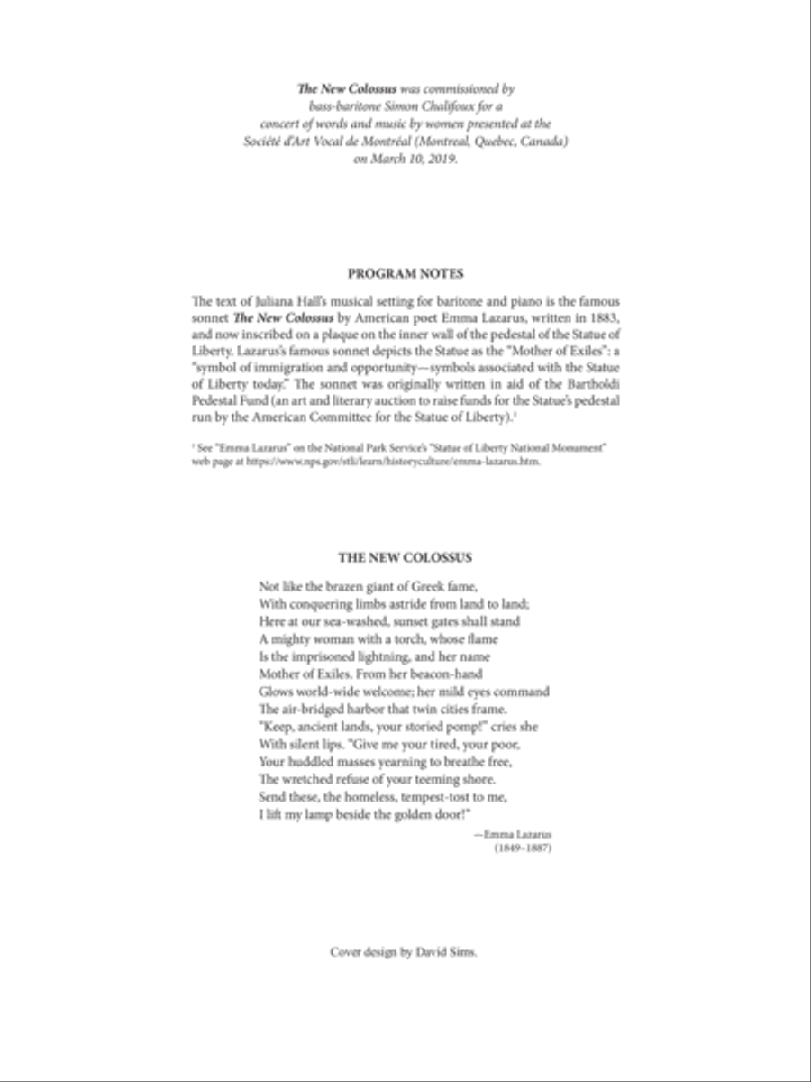 The New Colossus: Setting for Baritone and Piano of the Poem by Emma Lazarus Baritone Voice scores gallery preview page 1