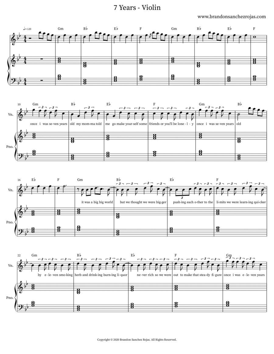 7 Years - Violin 7 Years - Violin Easy Piano scores gallery preview page 1