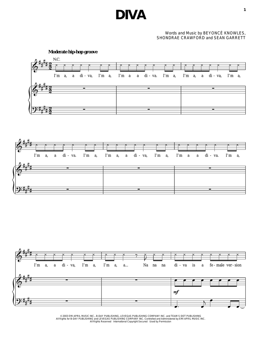 Diva Piano, Vocal, Guitar scores gallery preview page 1