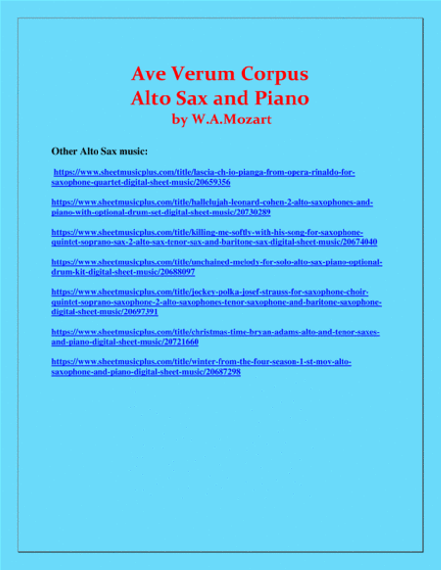 Ave Verum Corpus - Alto Sax and Piano - Intermediate level Alto Saxophone scores gallery preview page 3