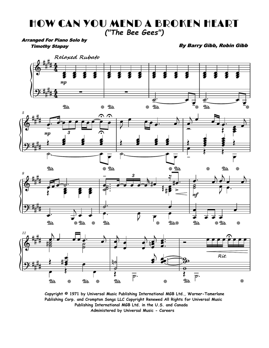 How Can You Mend A Broken Heart Piano Solo scores gallery preview page 1