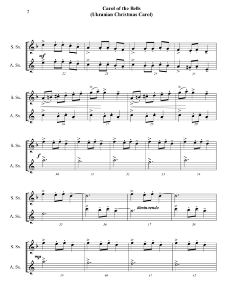 Carol of the Bells (Ukrainian Carol) - Soprano Sax / Alto Sax Duet - Intermediate image number null