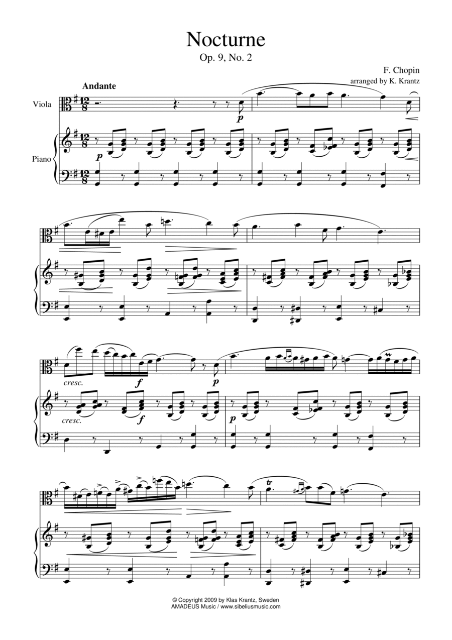 Nocturne Op. 9 No. 2 for viola and piano (abridged) Piano scores gallery preview page 1