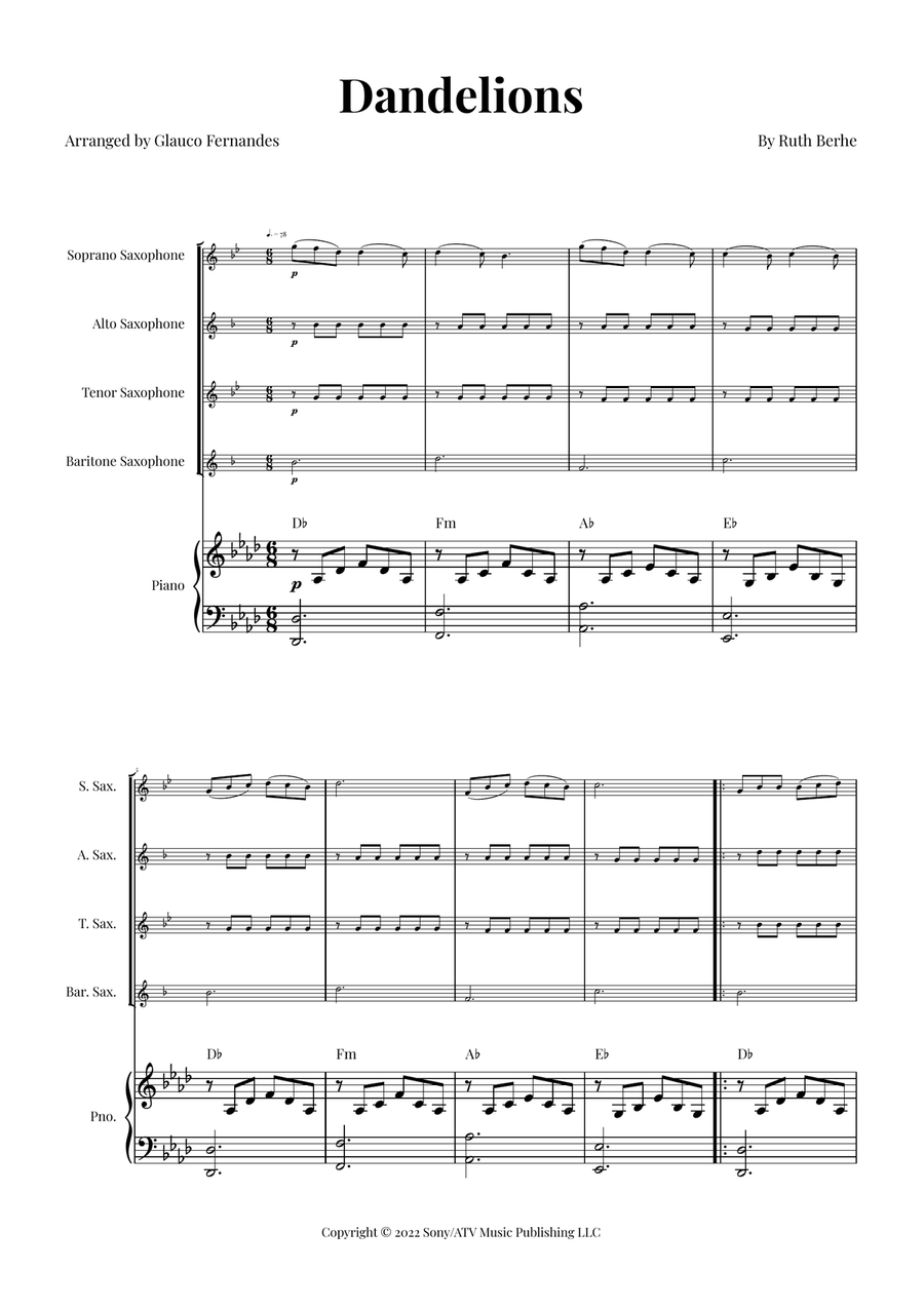 Dandelions Saxophone Quartet scores gallery preview page 1