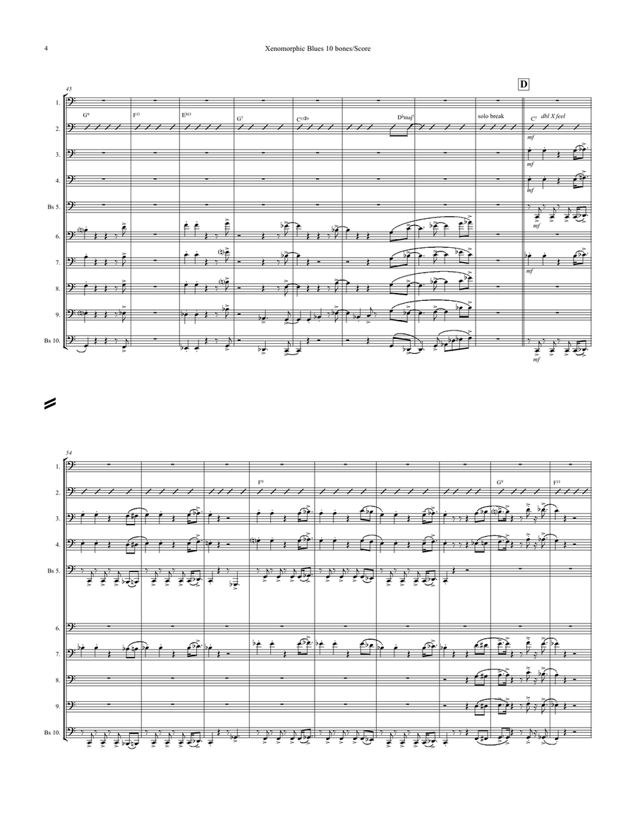Xenomorphic Blues for 10-part Trombone Ensemble Brass Ensemble scores gallery preview page 4