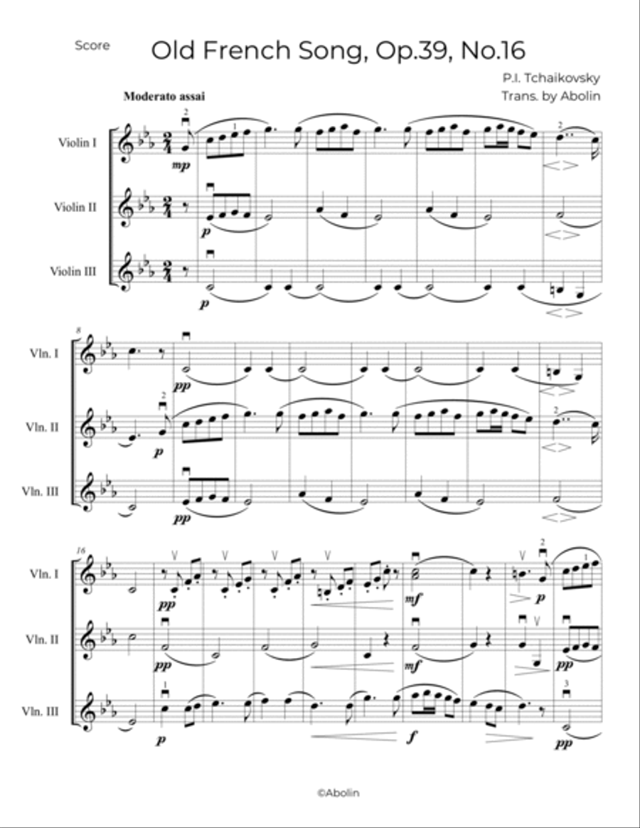 Tchaikovsky: Old French Song, Op.39, No.16 - Violin Trio (Violin Choir) image number null