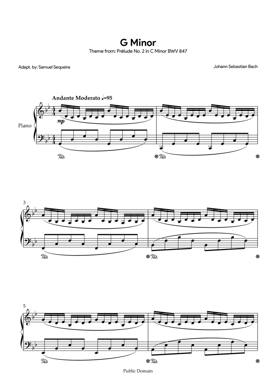 G minor Theme from: Prélude No. 2 in C Minor BWV 847 Piano Solo scores gallery preview page 1