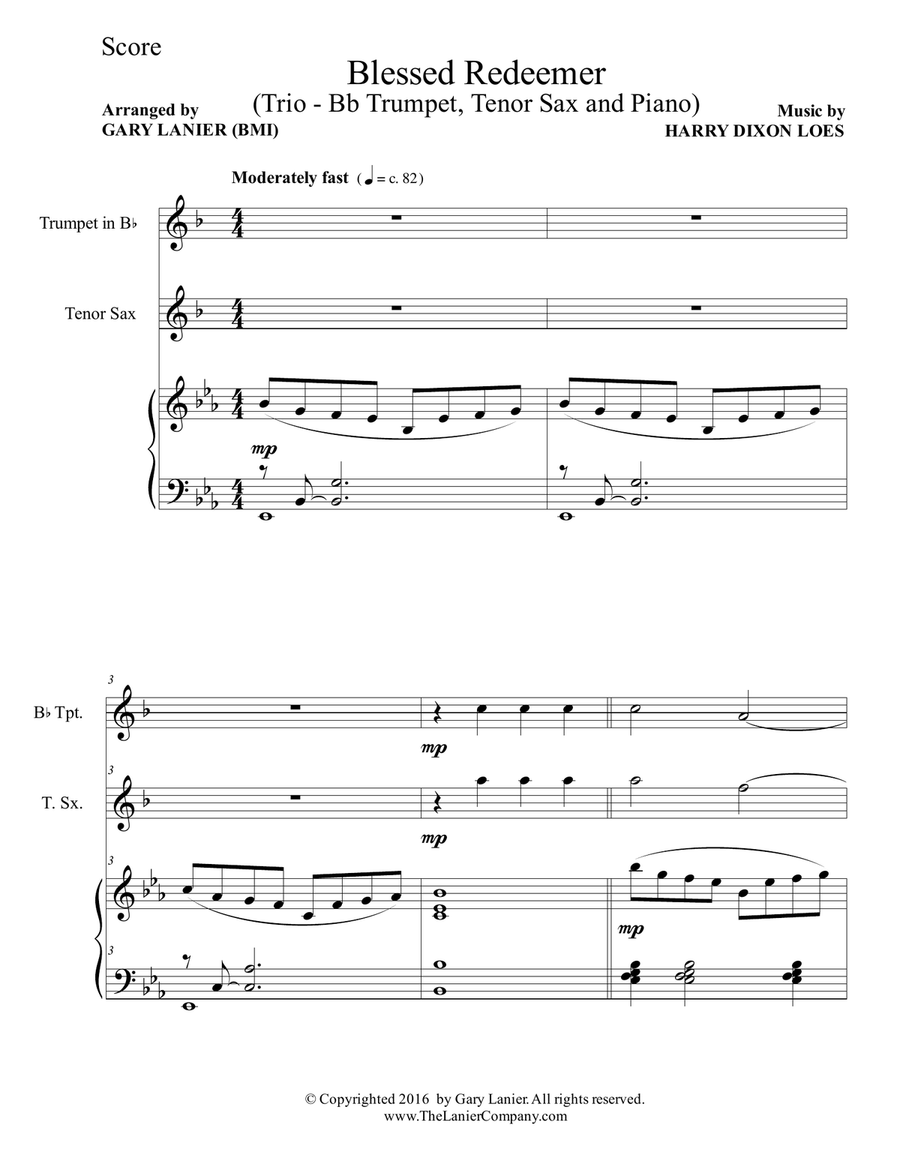 BLESSED REDEEMER (Trio – Bb Trumpet, Tenor Sax & Piano with Score/Parts) Tenor Saxophone scores gallery preview page 2