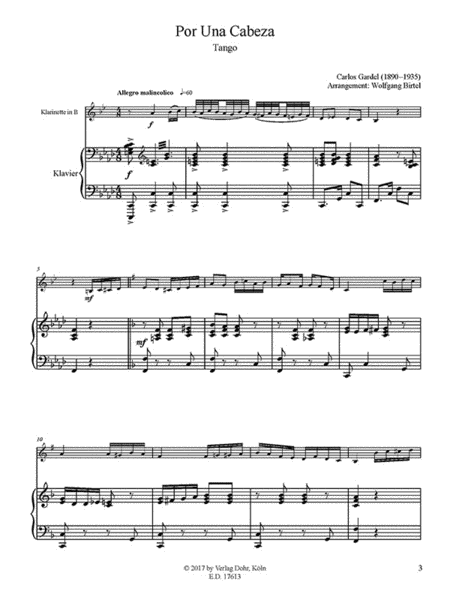 Por Una Cabeza -Tango- (für Klarinette und Klavier)