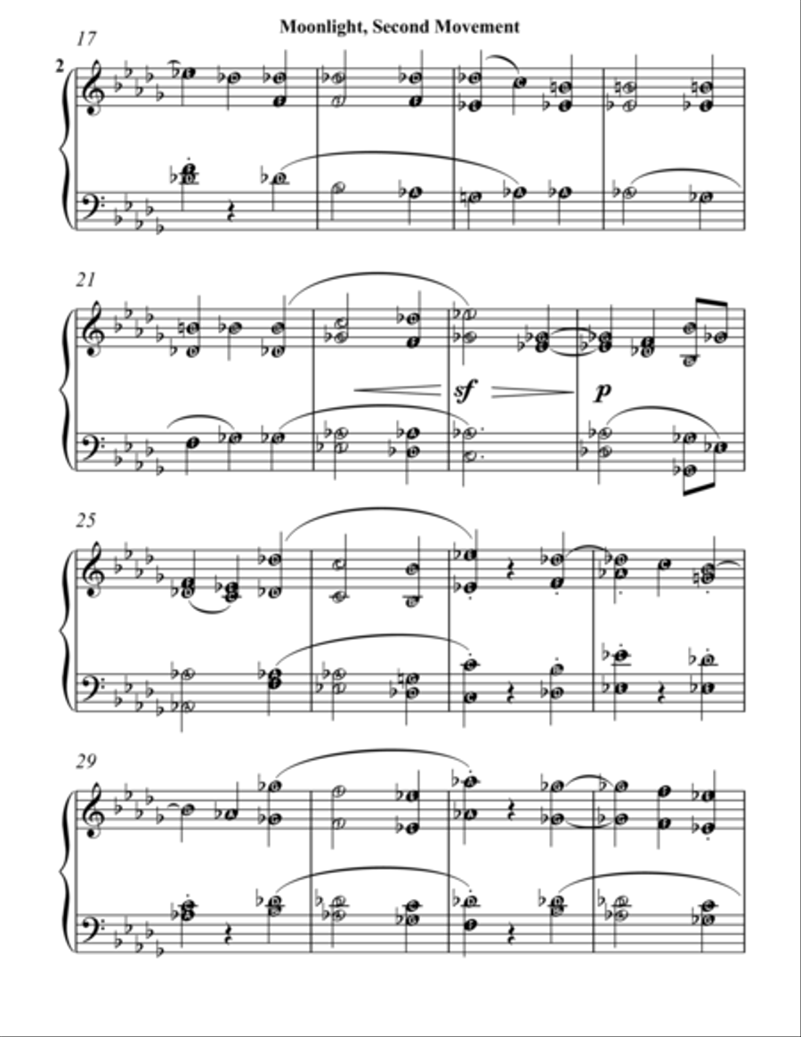 Moonlight Sonata Second Movement Easy Intermediate Piano Sheet Music