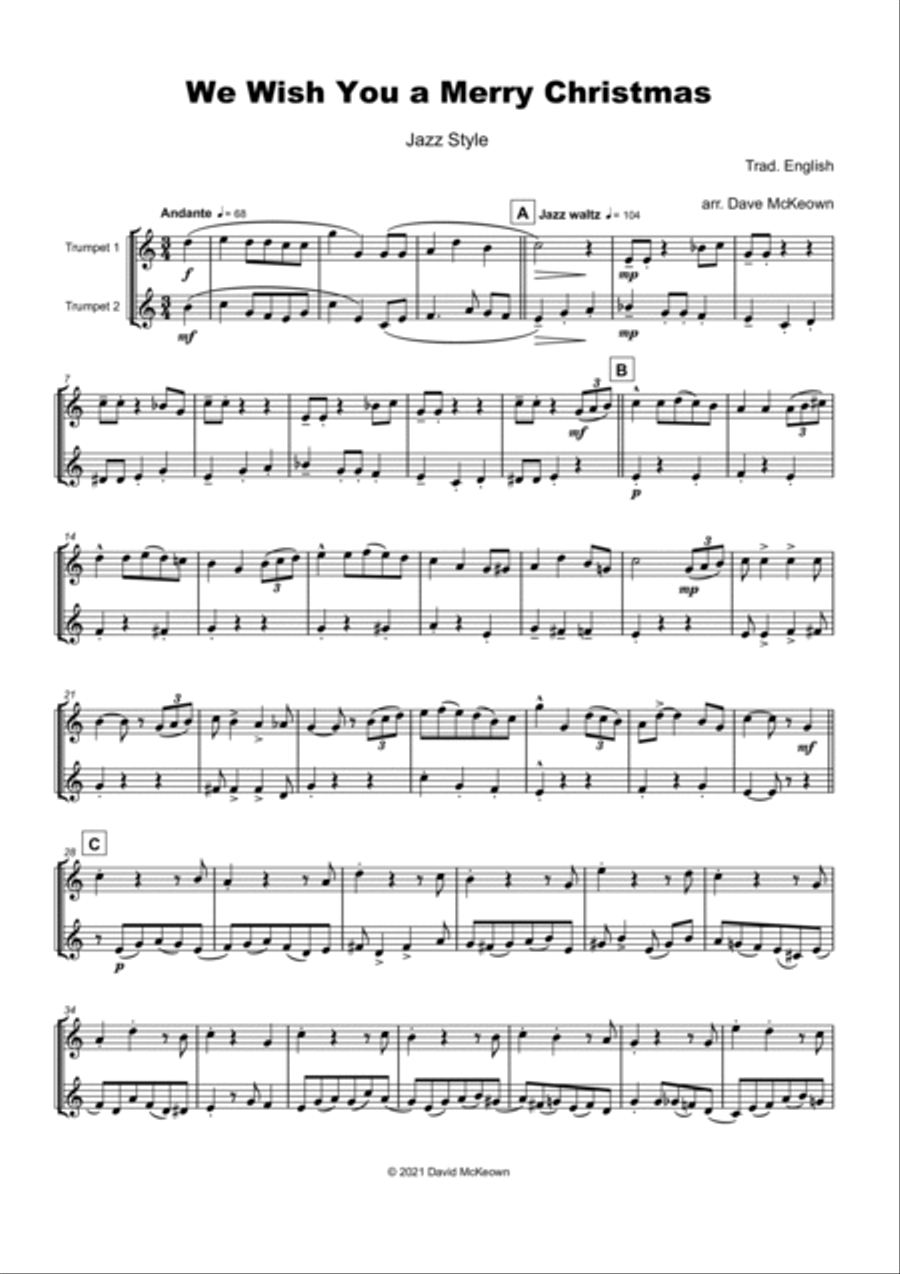 We Wish You a Merry Christmas, Jazz Style, for Trumpet Duet Trumpet Duet scores gallery preview page 2
