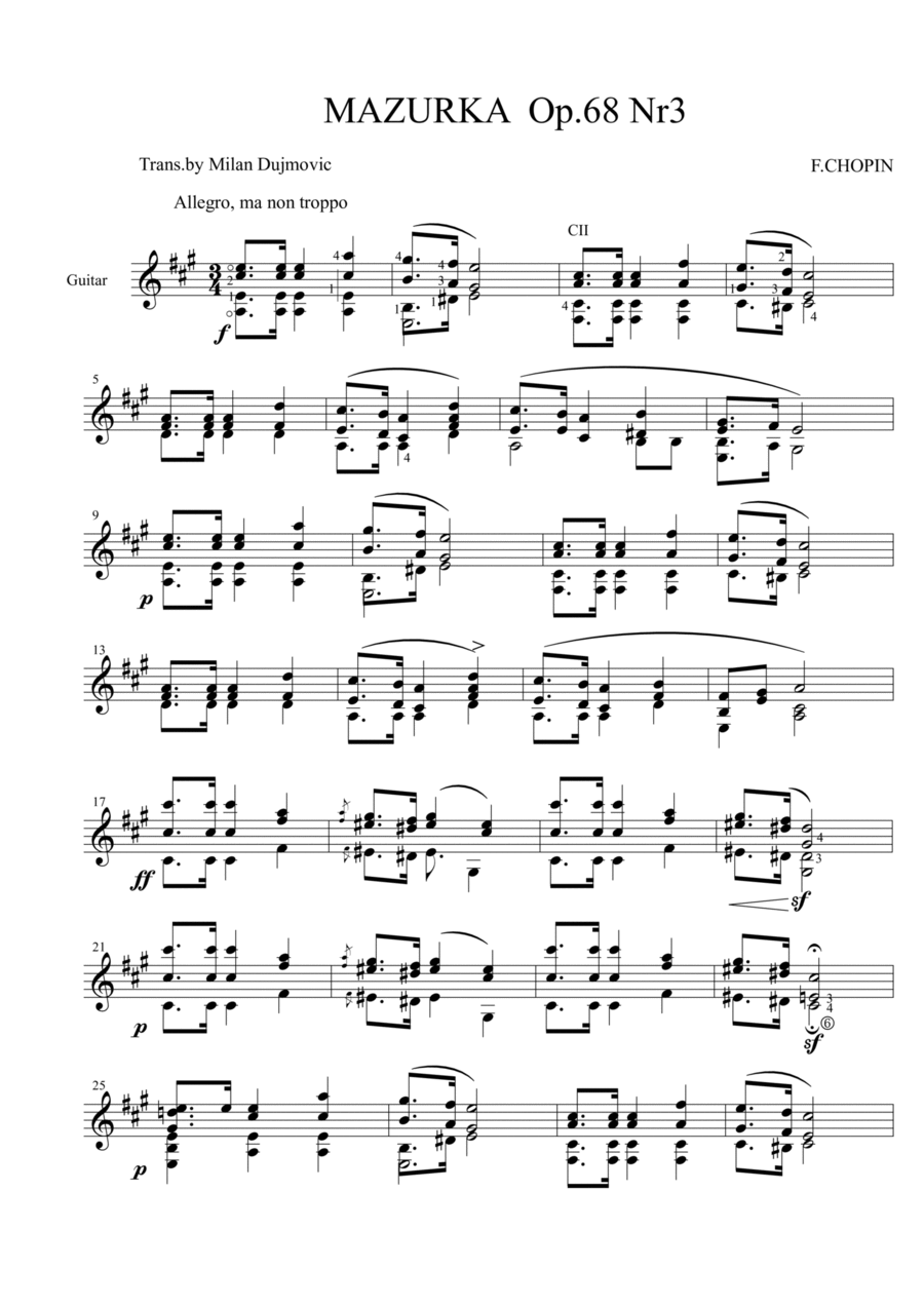 Mazurka op.68 no.3 Mazurka op.68 no.3 Acoustic Guitar scores gallery preview page 1