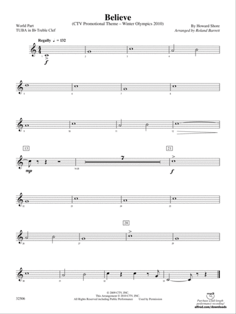 Believe (Winter Olympics 2010): (World Part) B-flat Tuba T.C. Concert Band scores gallery preview page 1