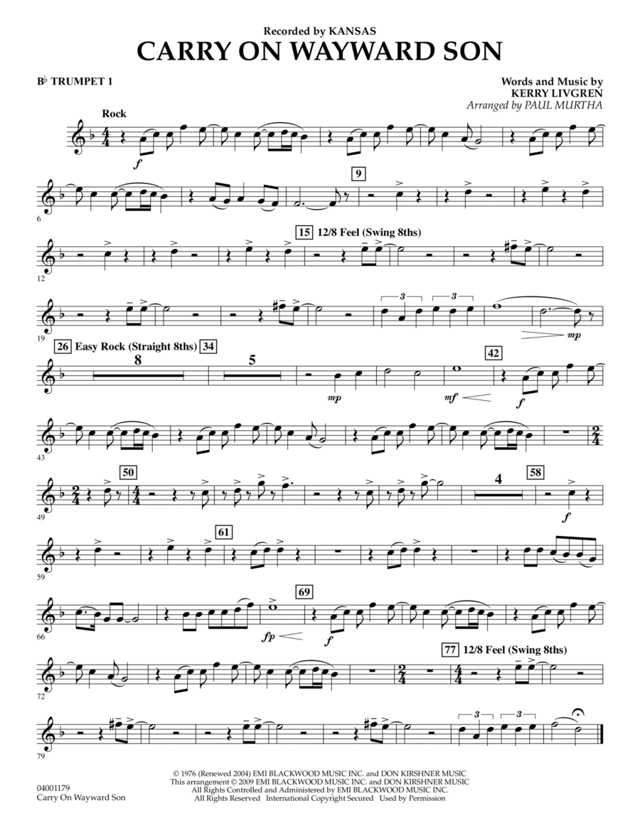 Carry On Wayward Son - Bb Trumpet 1 Concert Band scores gallery preview page 1