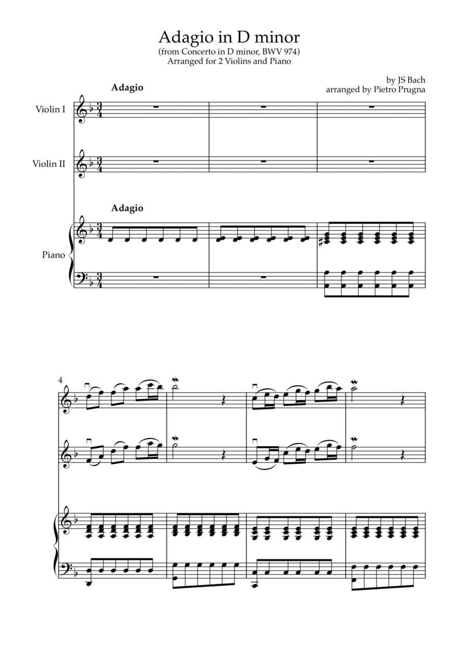 Adagio (from Concerto in D minor, BWV 974) - arr for 2 Violins and Piano (
