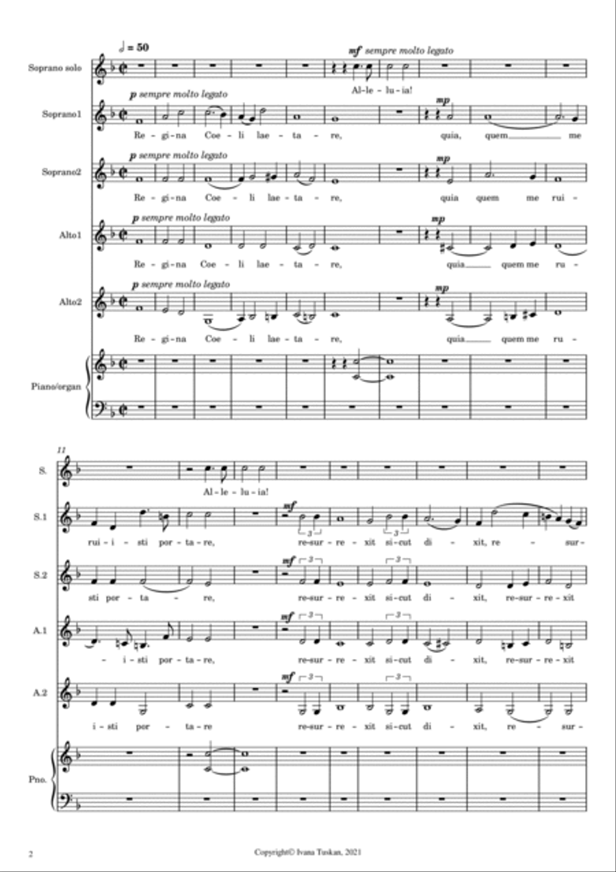 Regina Coeli (from Cavalleria rusticana) SSAA, soprano solo, piano/organ reduced version SSAA scores gallery preview page 2