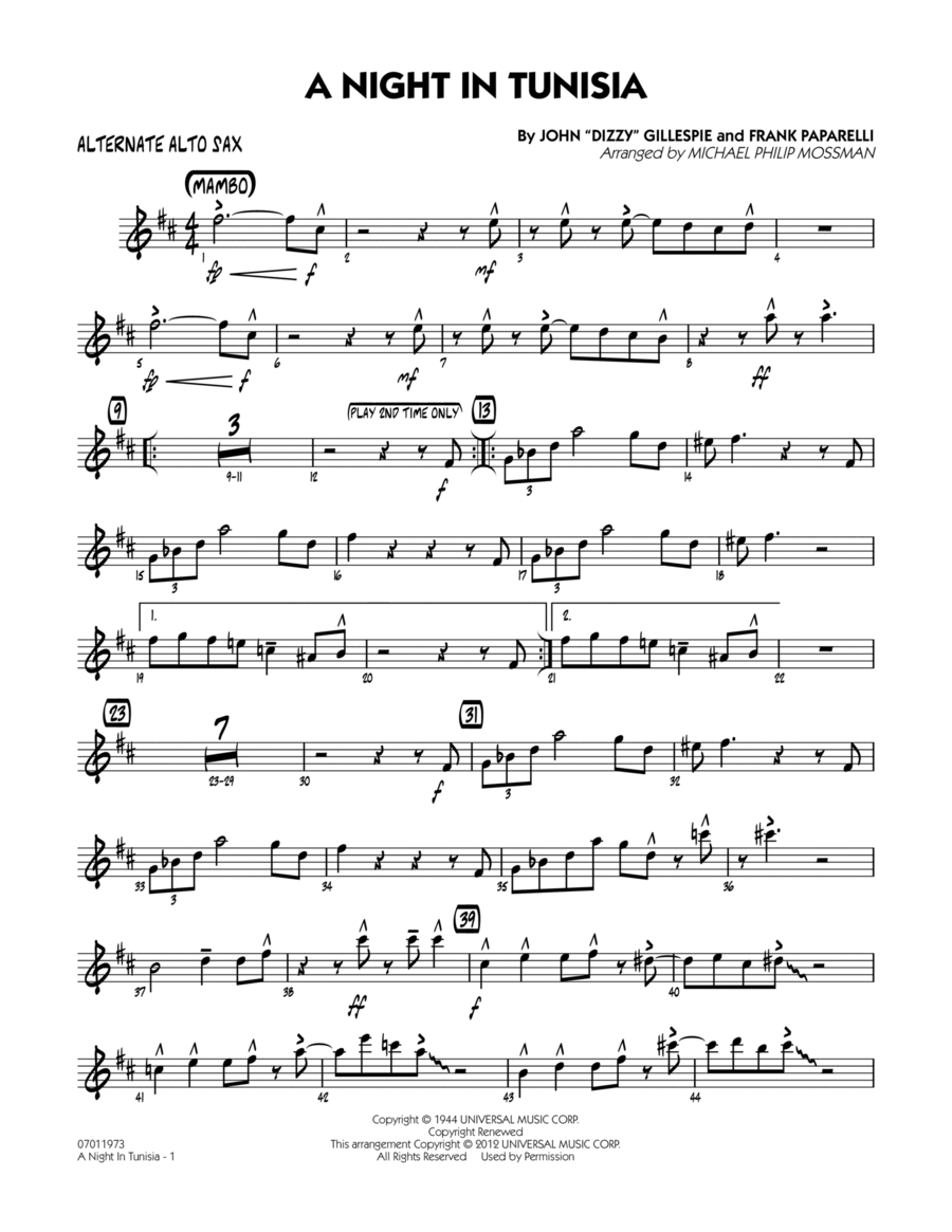 A Night In Tunisia - Alternate Alto Sax Jazz Ensemble scores gallery preview page 1