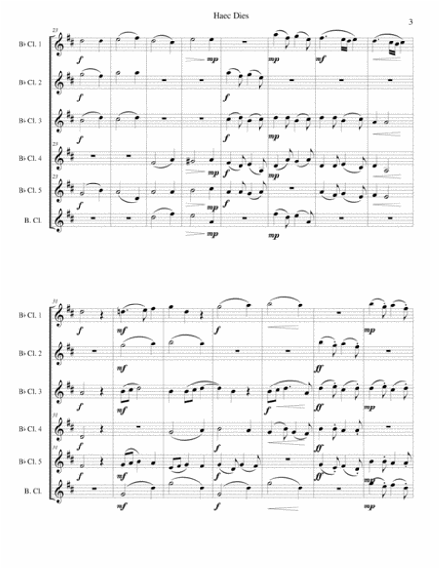 Haec Dies for clarinet sextet (5 B flat clarinets and 1 Bass clarinet) B-Flat Clarinet scores gallery preview page 3
