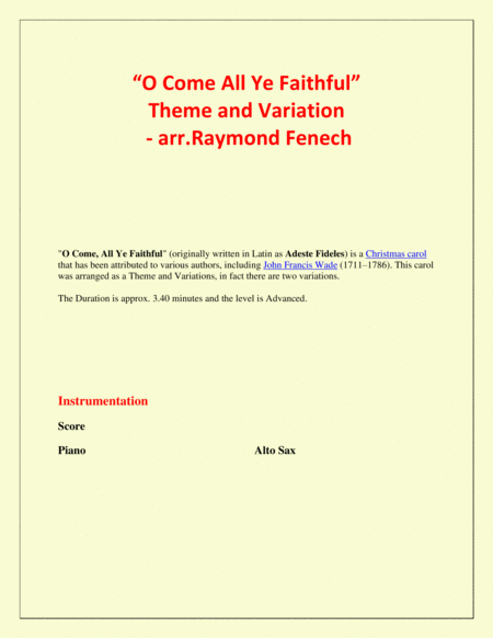 O Come All Ye Faithful (Adeste Fidelis) - Theme and Variation for Alto Sax and Piano - Advanced Leve image number null