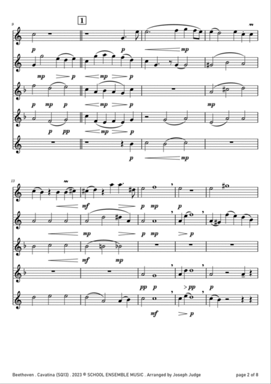 Cavatina by Beethoven for Saxophone Quintet in Schools Saxophone Quintet scores gallery preview page 2
