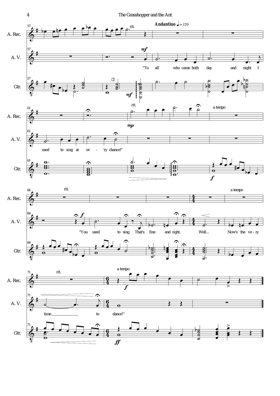 The grasshopper and the ant for alto voice, alto recorder and guitar Small Ensemble scores gallery preview page 4