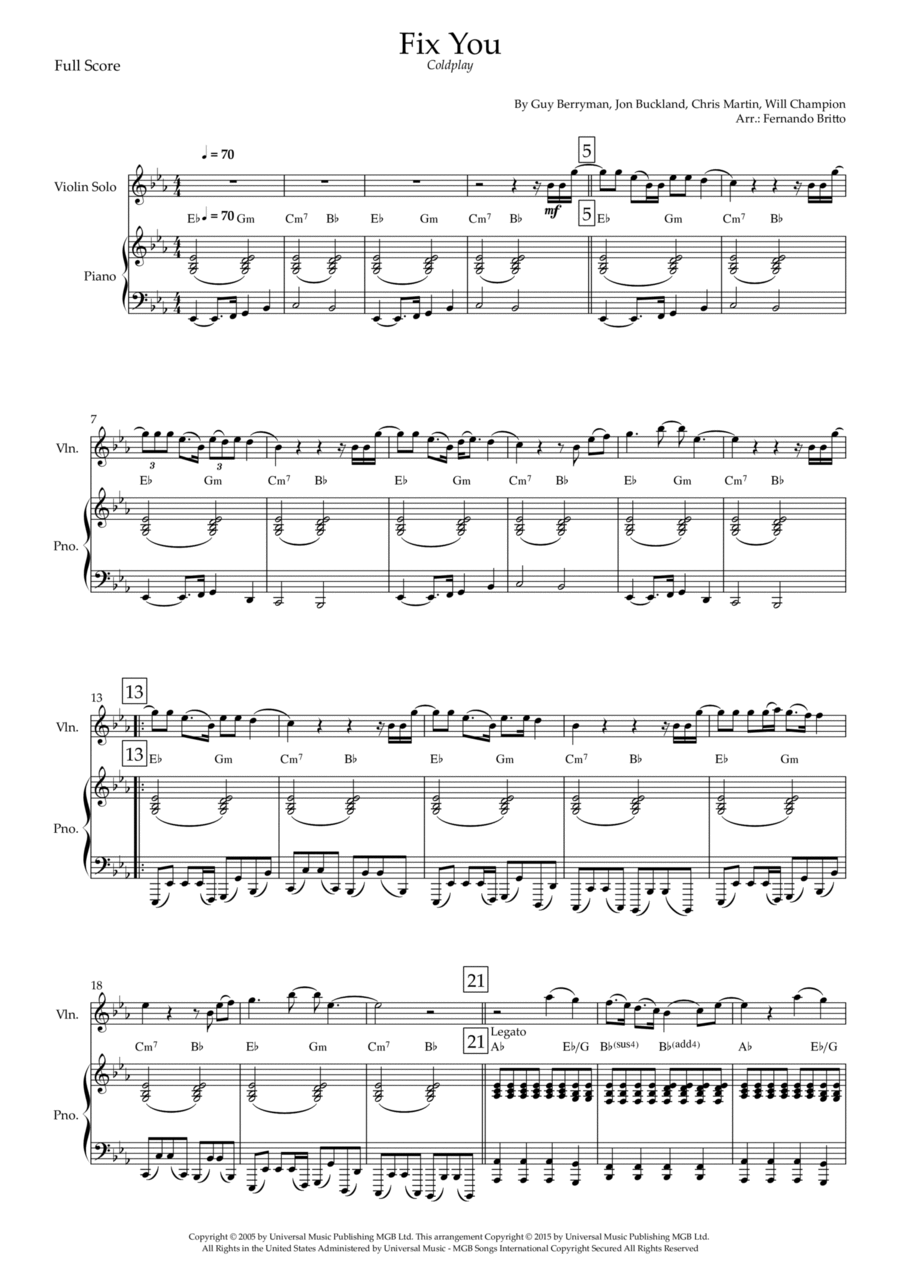 Fix You Violin Solo scores gallery preview page 1