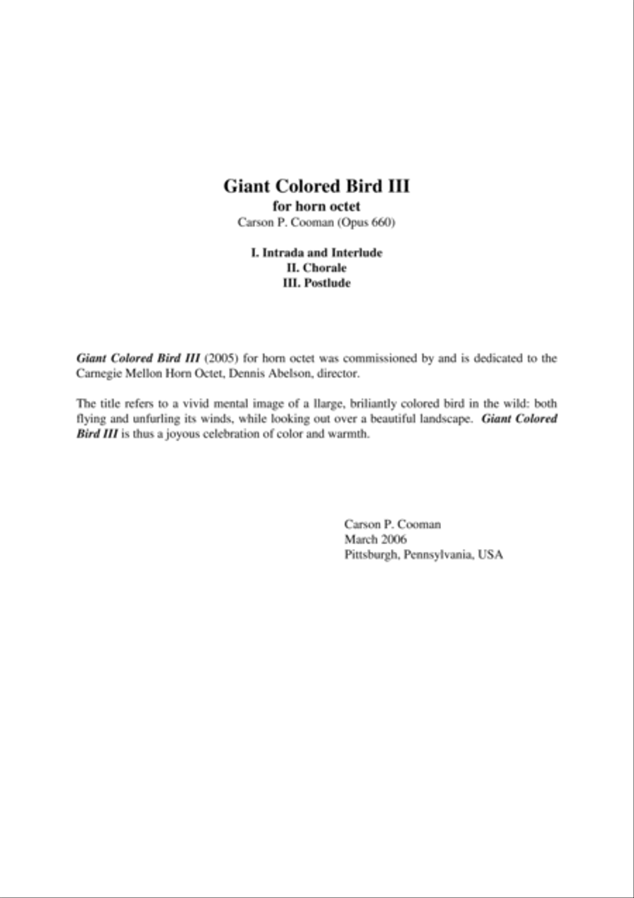 Carson Cooman: Giant Colored Bird III (2005) for horn octet Brass Ensemble scores gallery preview page 1