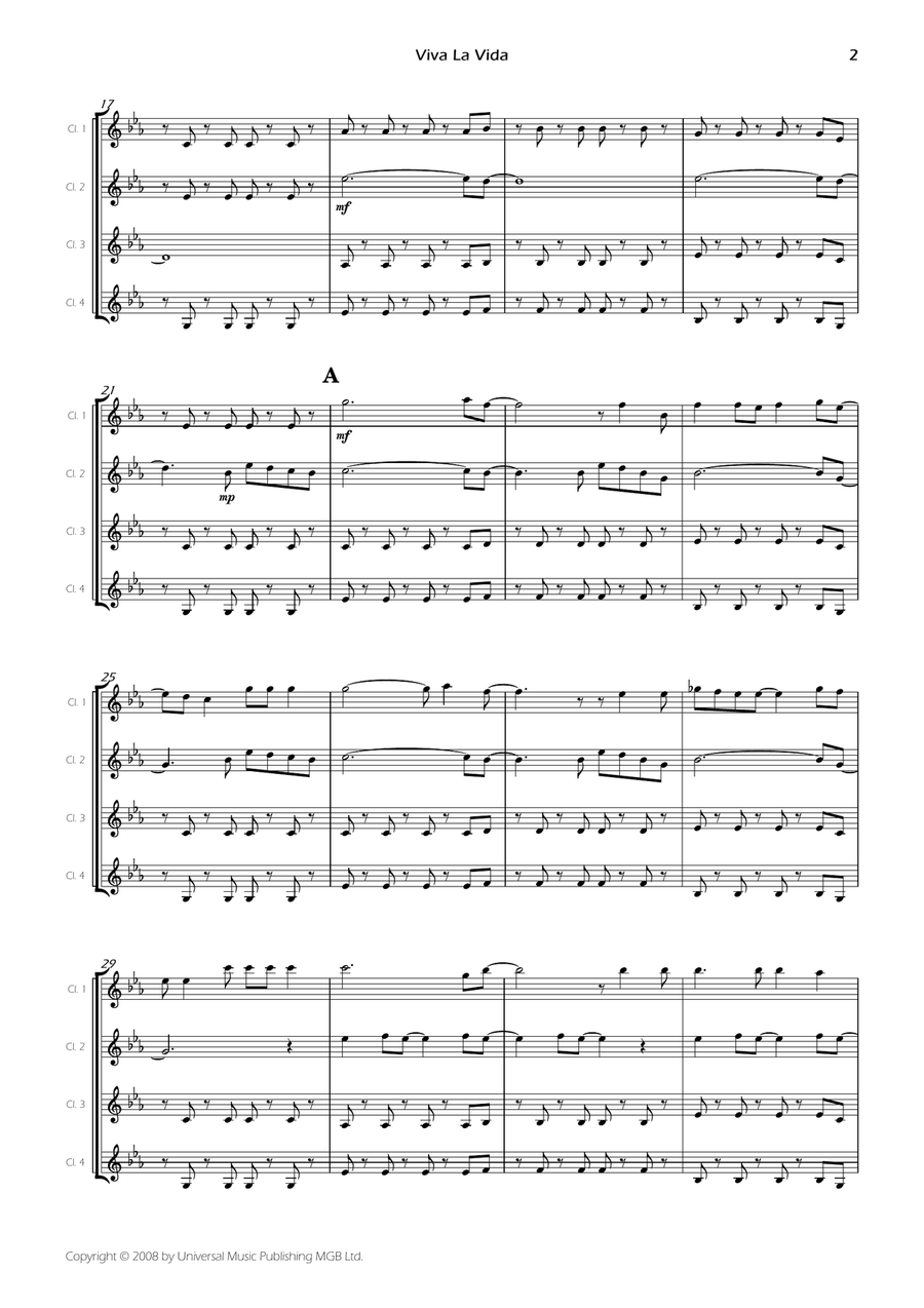 Viva La Vida Clarinet Quartet scores gallery preview page 4