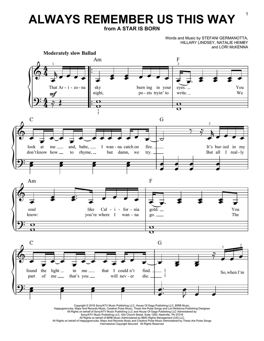 Always Remember Us This Way (from A Star Is Born) Easy Piano scores gallery preview page 1