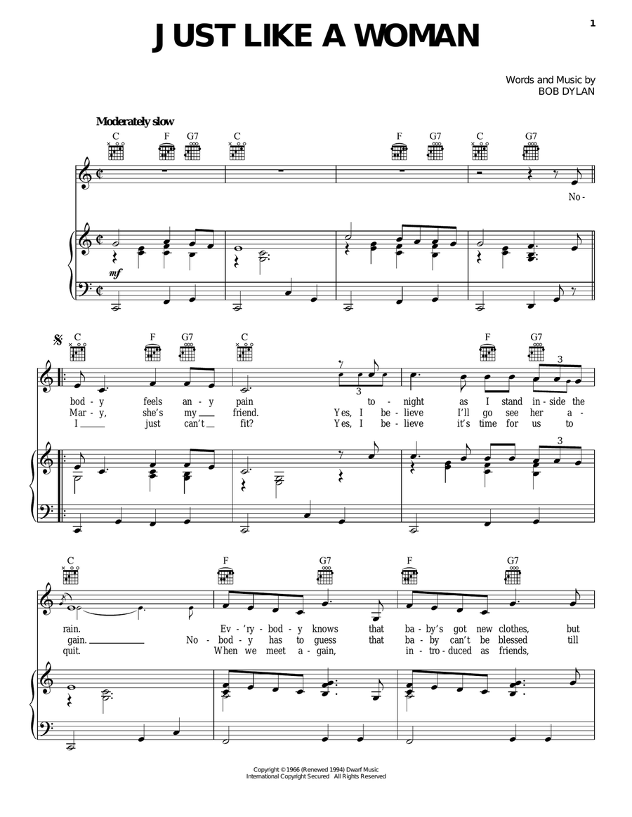 Just Like A Woman Piano, Vocal, Guitar scores gallery preview page 1