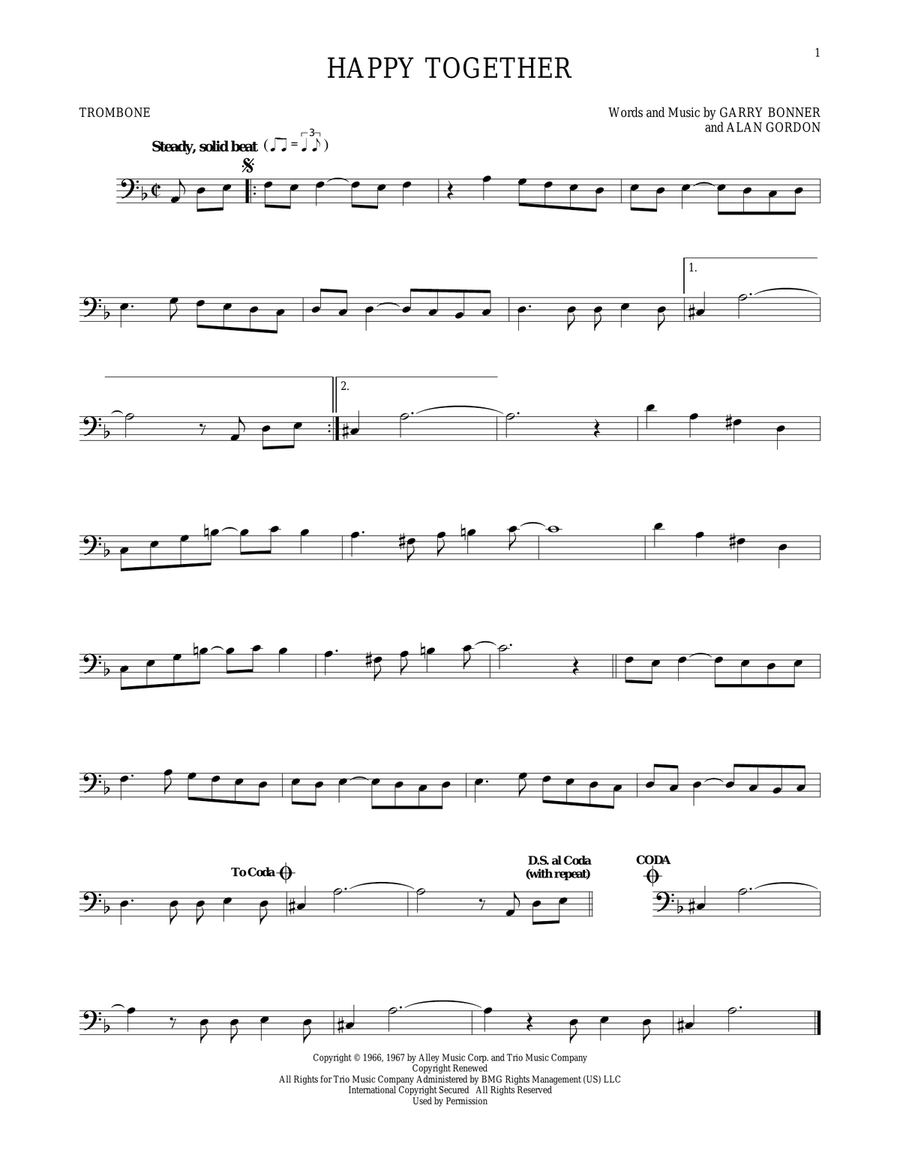 Happy Together Trombone Solo scores gallery preview page 1