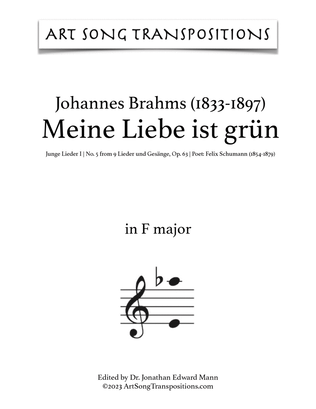 Book cover for BRAHMS: Meine Liebe ist grün, Op. 63 no. 5 (transposed to F major)