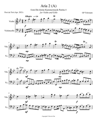 Aria 2 (A) from Die kleine Kammermusik Partita 4 - GP Telemann (Violin & Cello)