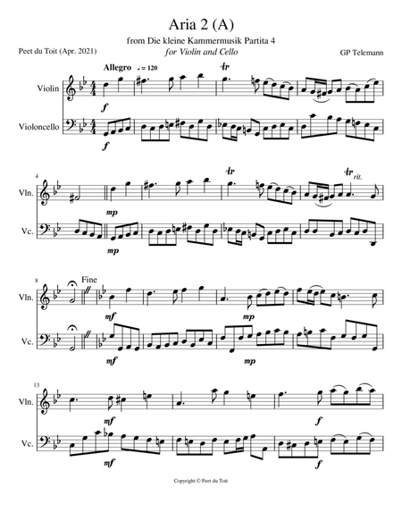 Aria 2 (A) from Die kleine Kammermusik Partita 4 - GP Telemann (Violin & Cello) image number null