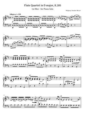 Mozart - Flute Quartet in D major, K.285 - I.Allegro For Piano Solo