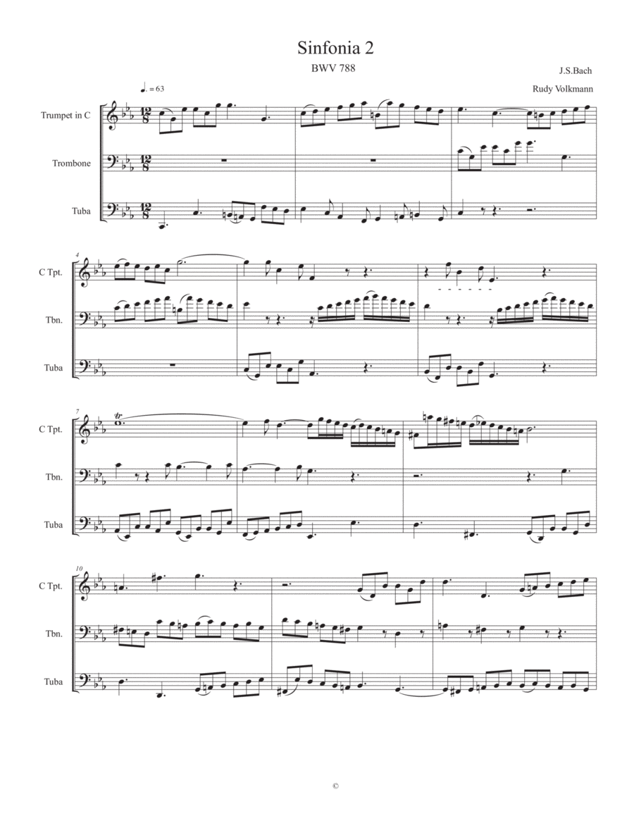 Sinfonia 2, J. S. Bach, adapted for C trumpet, Trombone, and Tuba image number null
