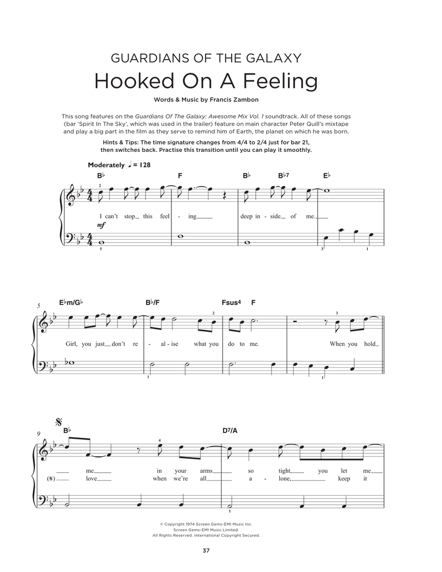 Hooked On A Feeling Easy Piano scores gallery preview page 1