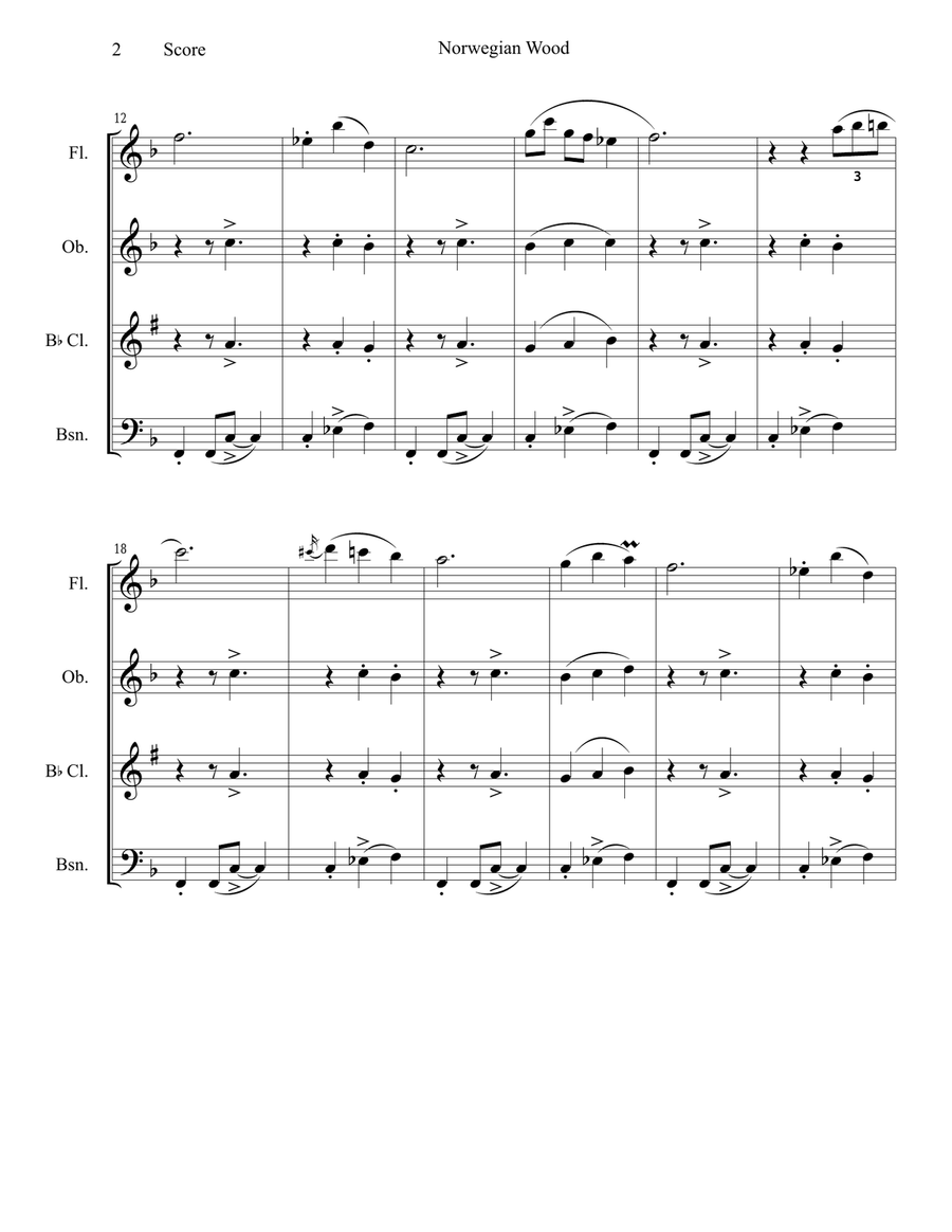 Norwegian Wood (This Bird Has Flown) Woodwind Quartet scores gallery preview page 3